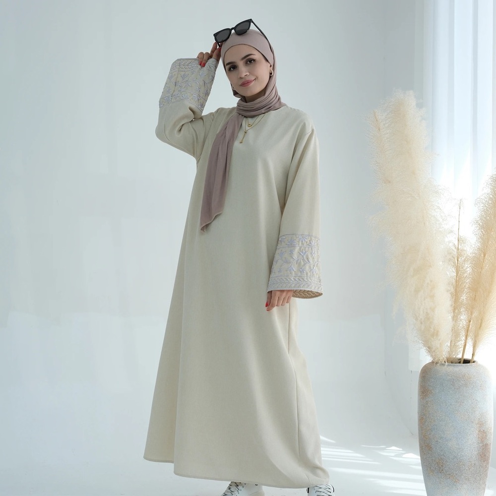 White Flower Embroidered Beige Abaya with Matching Belt